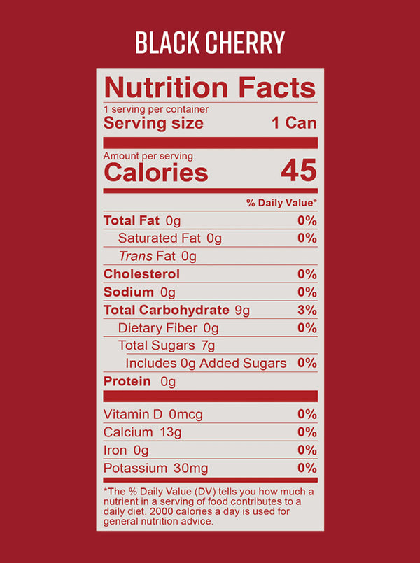 Nutrition Facts label for Vera Black Cherry Productive Elixir detailing 45 calories and 7 grams of sugar per can.