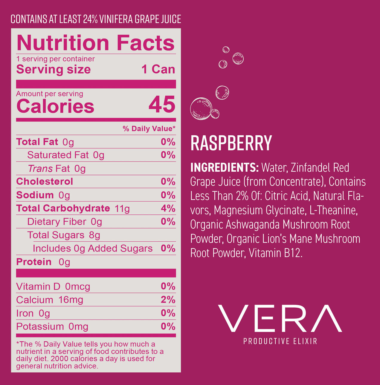 Vera Raspberry Nutrition Facts and Ingredients