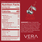 Nutrition facts label and ingredients list for Vera Black Cherry product on a red background