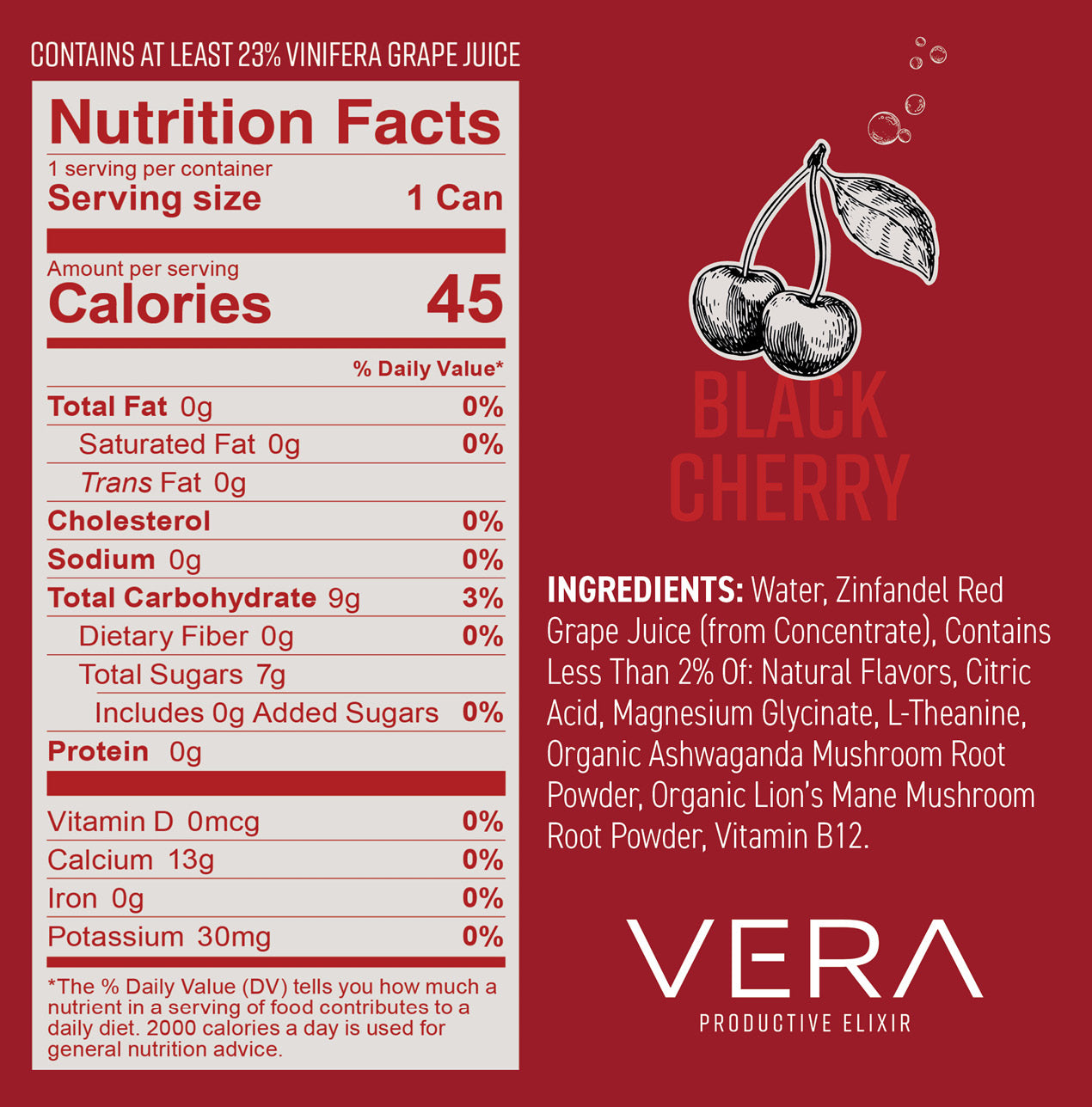 Nutrition facts label and ingredients list for Vera Black Cherry product on a red background