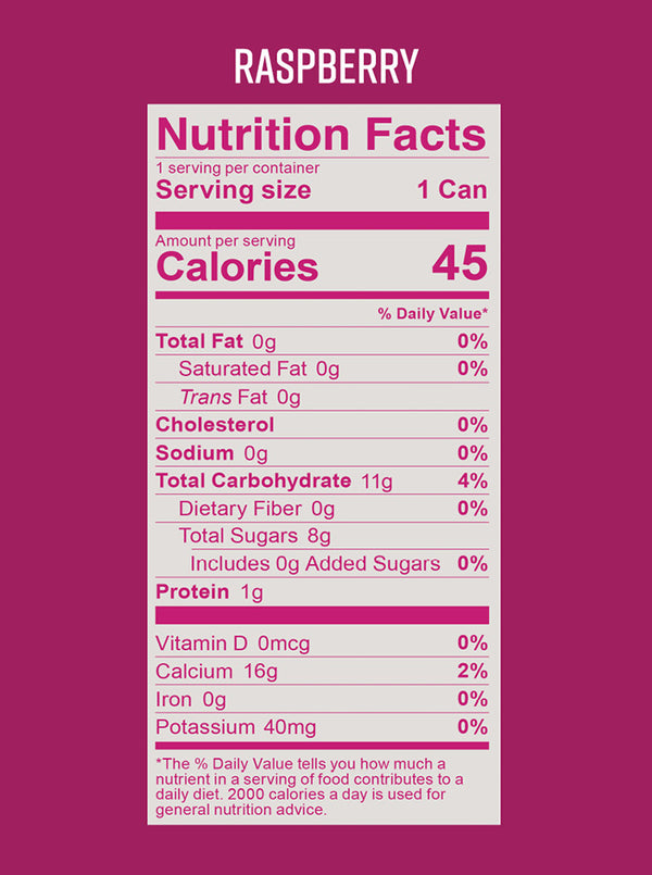 Nutrition Facts label for Vera Raspberry Productive Elixir detailing 45 calories and 8 grams of total sugar per can.